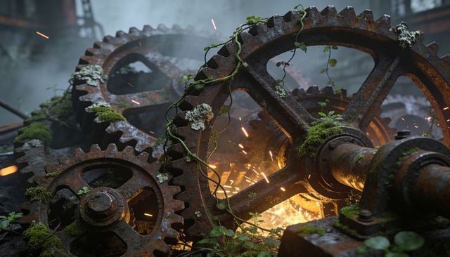 Rusted industrial cogwheels overgrown with moss and vines sparking in abandoned mill interior