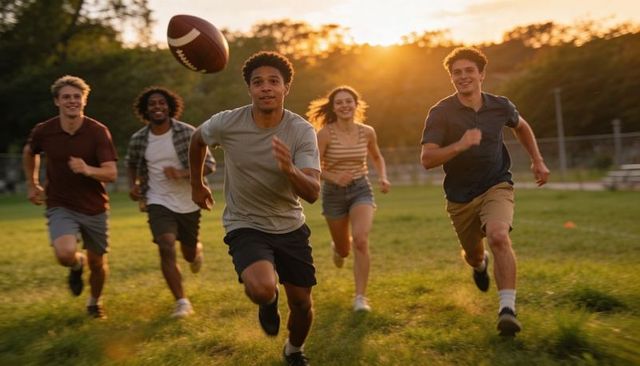 Young adults sprinting after football on sunlit park field during golden hour