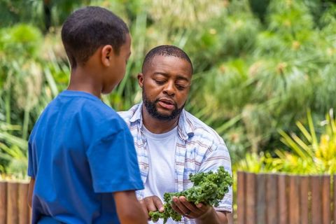 African american father teaching son about kale in backyard garden promoting healthy eating and fami