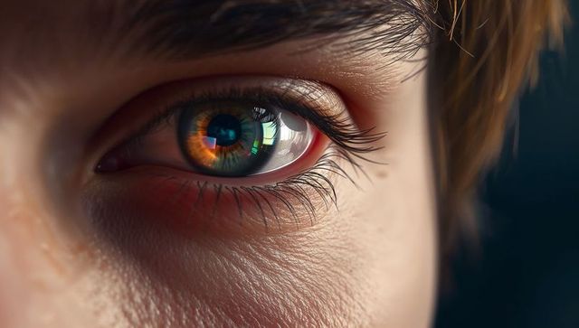 Hyperreal close-up human eye showing multicolor iris reflection, cornea detail, skin texture