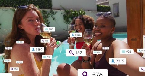 Women sipping wine poolside with social media overlays celebrating summer friendship