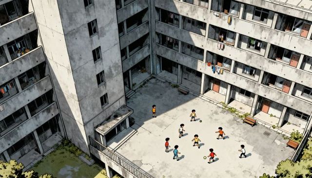 Children playing soccer in urban apartment courtyard with concrete plaza and balconies