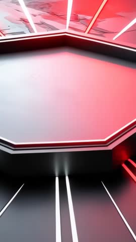 Vertical video hexagonal LED platform glowing red and white with futuristic minimal stage