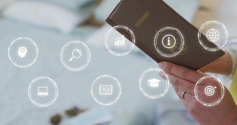 Holding Passport with Digital Travel Icons for Trip Planning, e-Visa and Study Abroad