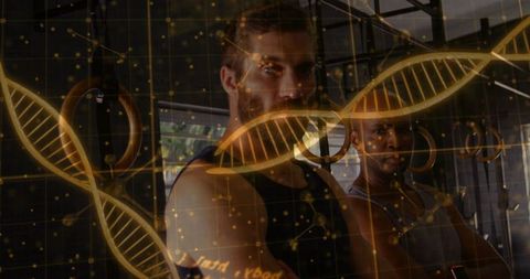 Two athletes posing in gym with DNA overlay highlighting sports genetics and teamwork