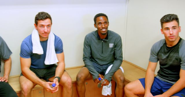 Group of Male Athletes Resting in Locker Room After Workout - Download Free Stock Images Pikwizard.com