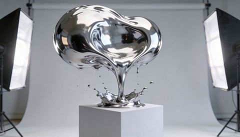 Shimmering chrome liquid splash sculpture reflecting softbox lights on minimalist pedestal