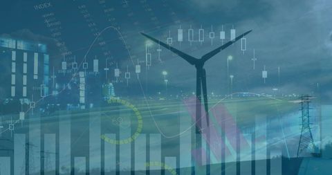 Overlays financial graphs with wind turbines and traffic fast on highway blending sustainable energy and economic growth paradigms. Ideal for businesses focused on aligning financial performance with ecological commitment. Useful in presentations, reports on investment opportunities in renewable sectors, and articles promoting sustainable technologies.