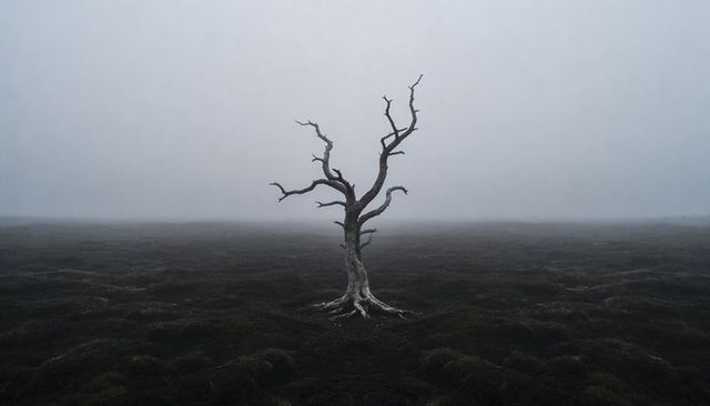 Solitary dead tree standing amid foggy moorland with exposed roots and desolate peatland