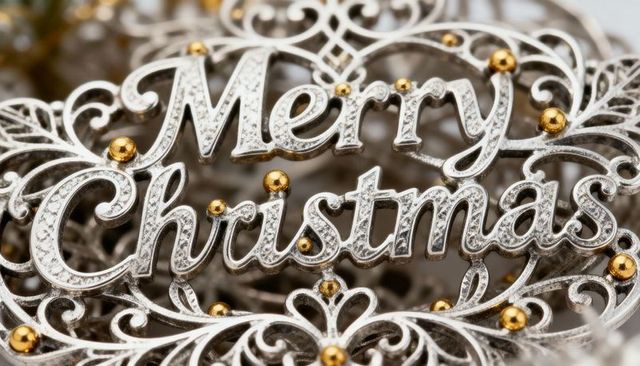 Glistening silver filigree merry christmas ornament with gold bead accents, macro detail