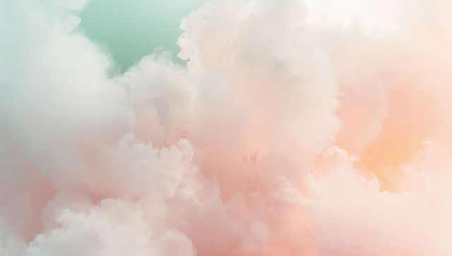 Drifting Pastel Cloudscape with Golden Peach Glow and Mint Highlights, Ethereal Backdrop