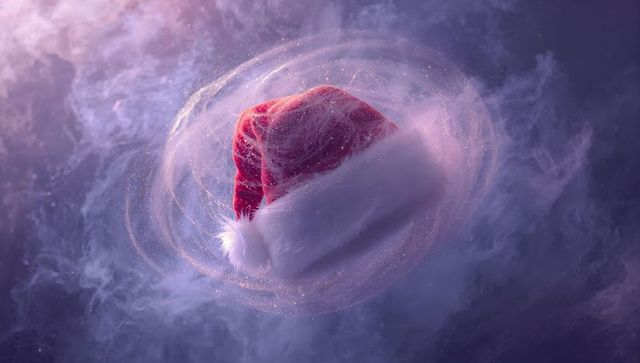 Floating santa hat in cosmic nebula with golden sparkles and ethereal purple glow