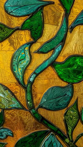 Vertical video revealing stained glass door panel with teal leaves and red flower backlit