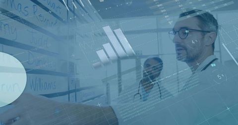 Doctors collaborating on digital patient analysis with futuristic technology