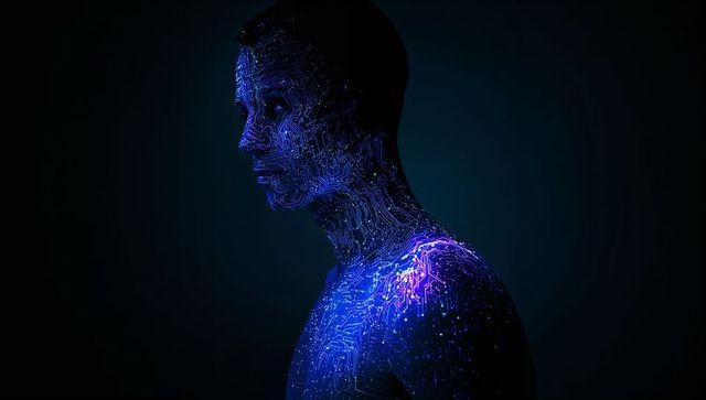Man displaying futuristic glowing circuitry with magenta neural patch on shoulder