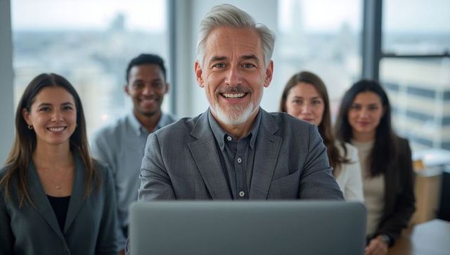 Senior executive leading conference room team presentation