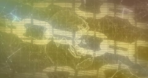 Digital world map overlay with coding elements