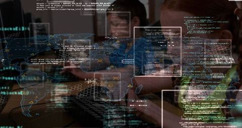 Young Student Using Computer Surrounded by Digital World Map and Data Processing