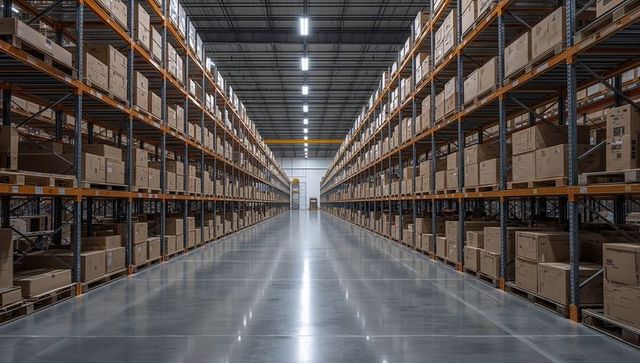 Expansive warehouse aisle showing pallet racking, cardboard boxes, led lighting, symmetry