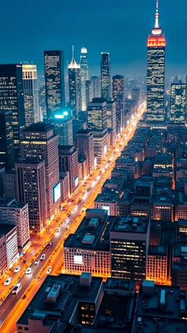 Gliding Vertical Video Following Illuminated City Avenue at Night with Skyscraper Spire