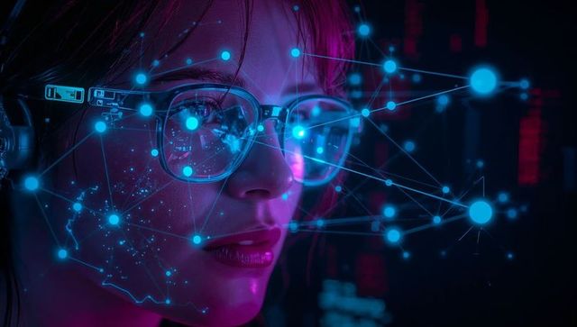 Female analyst wearing ar glasses and headset analyzing neon holographic data network