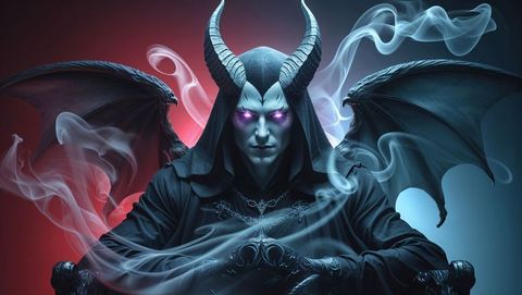 Mysterious horned satan with glowing eyes in surreal void