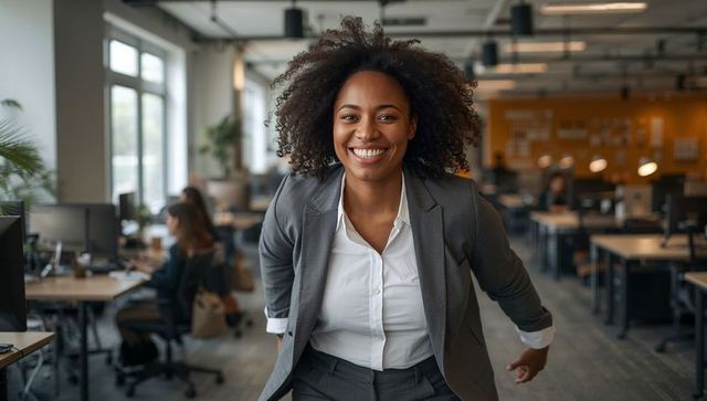 Smiling Businesswoman in Grey Suit in Modern Office Environment