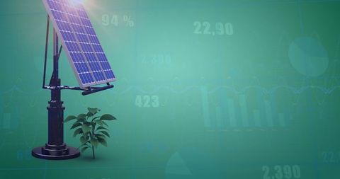 Solar Panel with Plant on Green Background Symbolizing Sustainable Energy