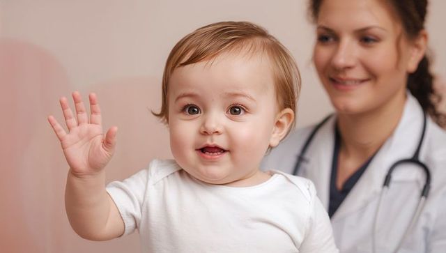 Smiling toddler waving during pediatric checkup with friendly doctor and stethoscope