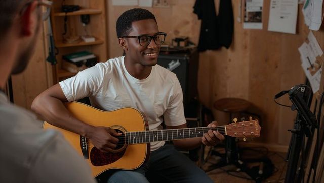 Smiling musician playing acoustic guitar in cozy wood-paneled studio during relaxed lesson