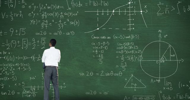 A man stands with crossed arms before a chalkboard filled with dynamic math equations. - Download Free Stock Photos Pikwizard.com
