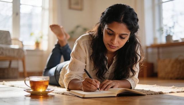 Indian woman writing in journal on cozy living room rug with tea and warm daylight