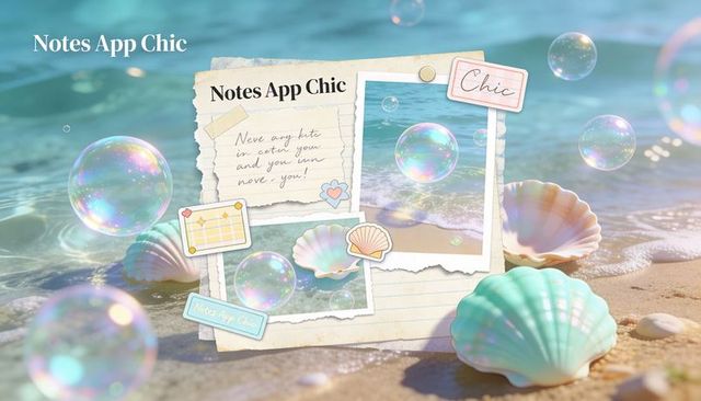 Pastel seaside notes collage with polaroids scallop shells iridescent bubbles and sand