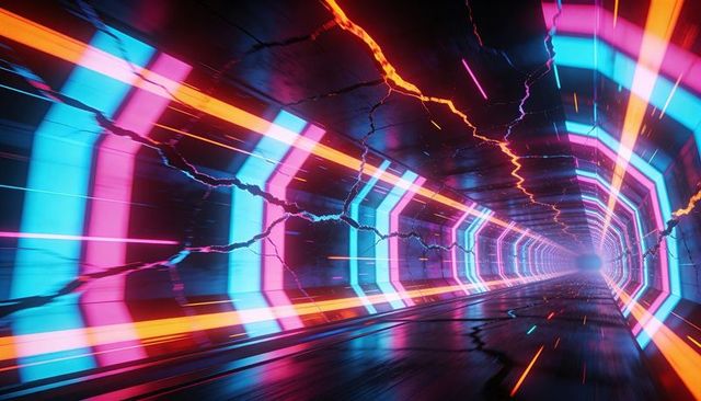 Receding neon hex tunnel accelerating toward vanishing point with glowing cracks