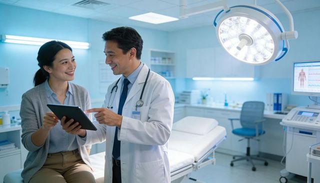 Doctor and patient reviewing tablet in modern clinic exam room for digital consultation