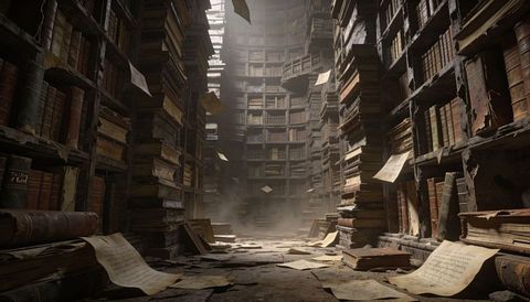 Drifting Pages in Rotunda Library with Towering Shelves, Dusty Light and Faded Tomes