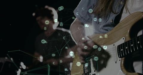 Guitarist and drummer performing with futuristic network overlay