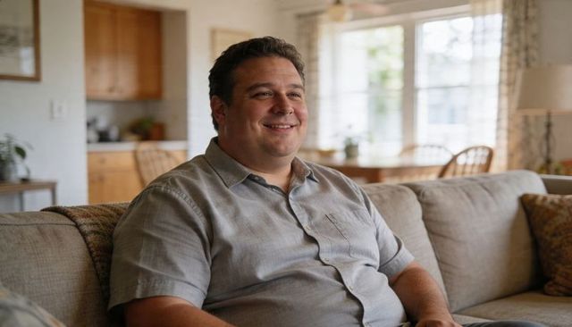 Smiling middle-aged man relaxing on couch in bright open-plan living room with cozy throw