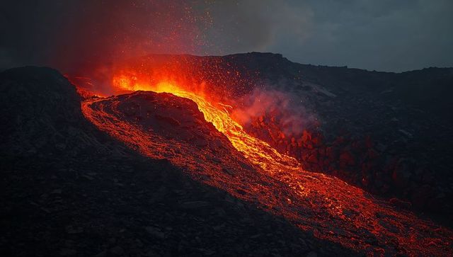 Lava flow cascading down volcanic rift at twilight, glowing molten rock and embers