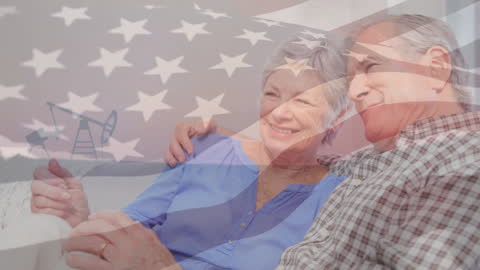 Senior Couple Relaxing with Patriotic American Flag Overlay