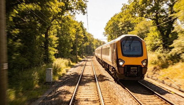 Yellow-front train approaching along sunlit countryside tracks through woodland
