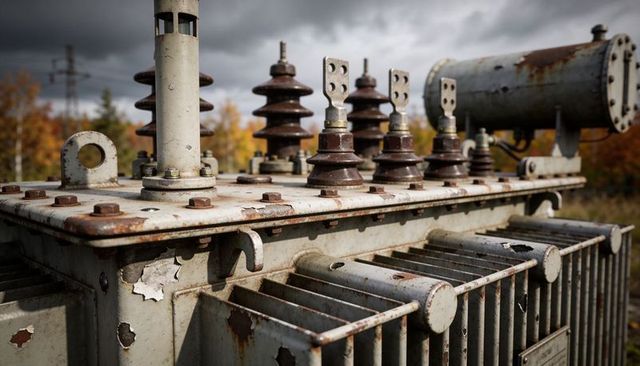 Outdoor power transformer with rusted cooling fins and porcelain insulators in autumn