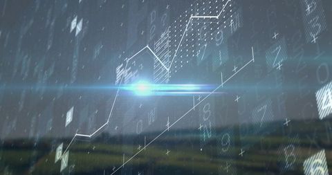 Translucent holographic line chart overlaying rural landscape with cyan lens flare and HUD