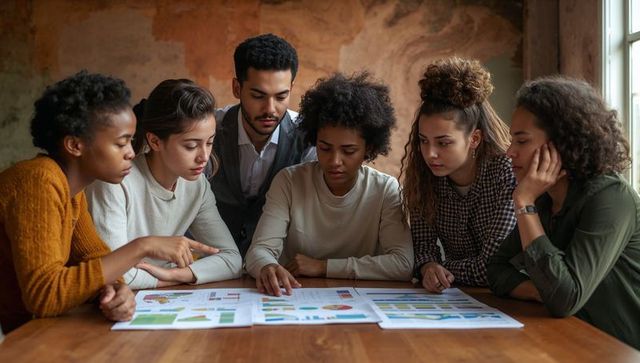 Diverse young team studying printed charts and collaborating on data project in studio