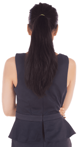 Back view of businesswoman with long hair on transparent surface