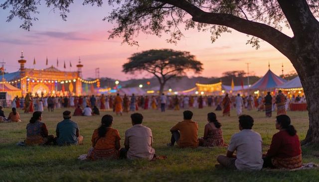 Evening indian festival crowd watching illuminated stage at sunset on grassy field