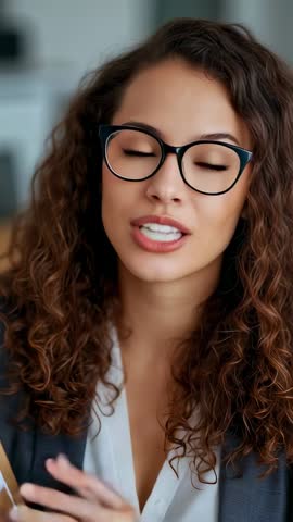 Vertical video showing corporate presenter speaking and explaining with glasses and blazer