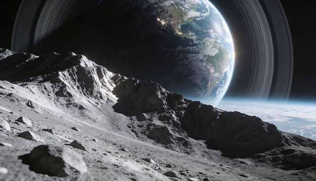 Ringed earth rising over cratered lunar surface with dramatic night lights