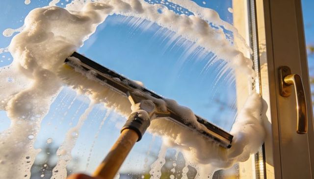 Cleaning sunlit window with wooden-handled squeegee and soapy foam inside home