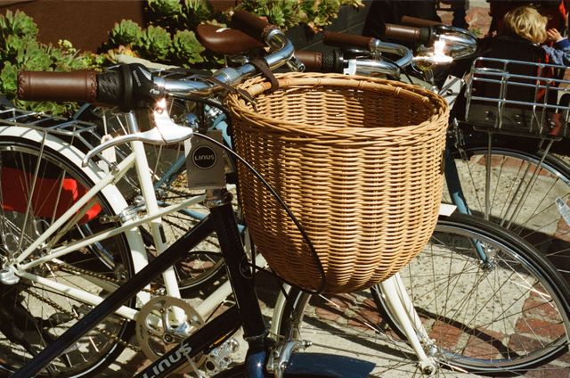 Bicycles with wicker baskets parked on sunny day. Use for travel, eco-friendly urban transportation, leisure, tourism, outdoor activities.
